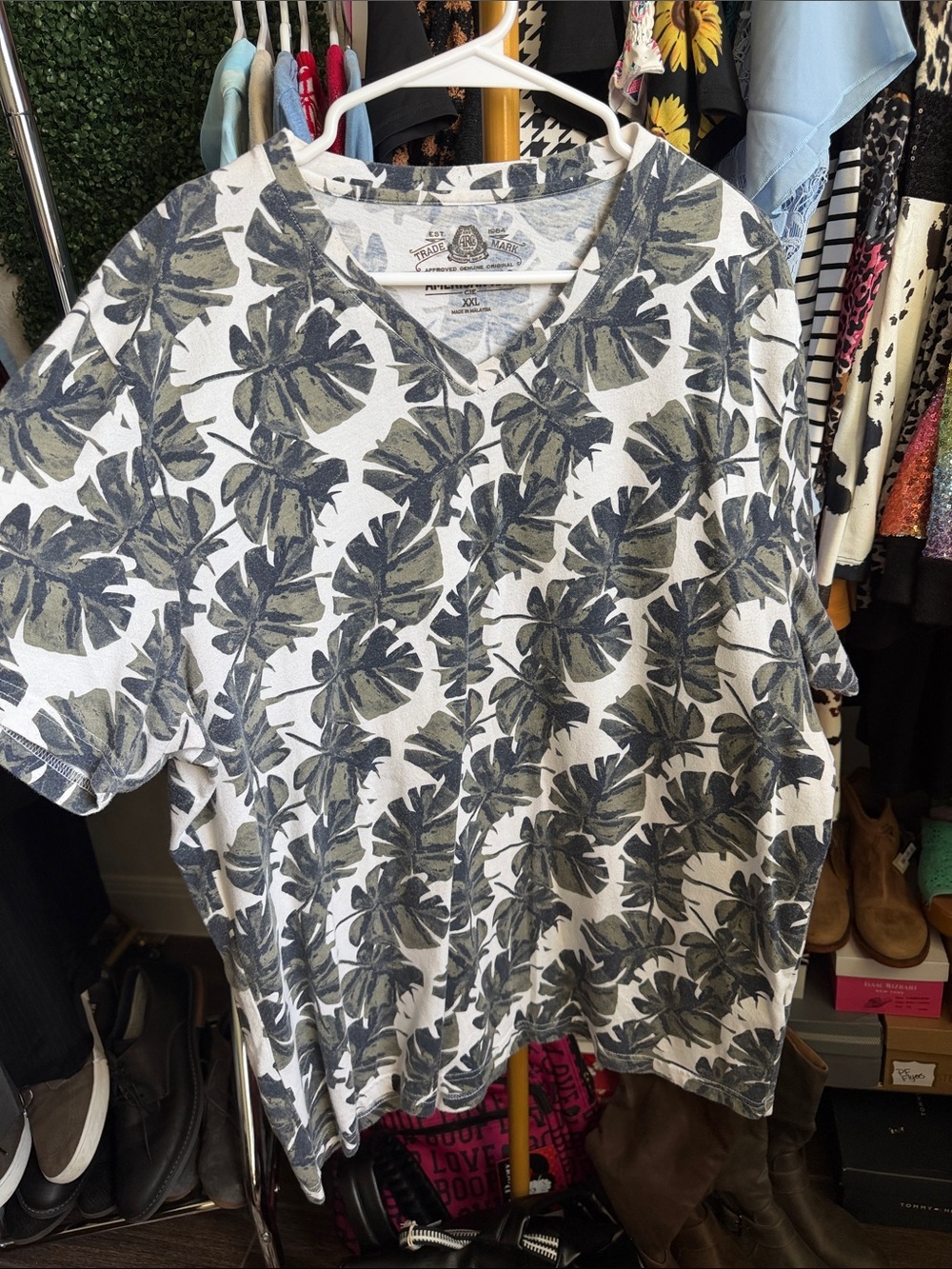 American Rag White V-Neck Shirt with Olive‎ Leaf Print